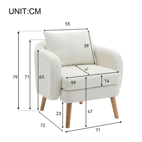 Fauteuil En Velours Teddy Blanc, Coussin Lombaire, Assise Épaisse 14 Cm, 1 Place