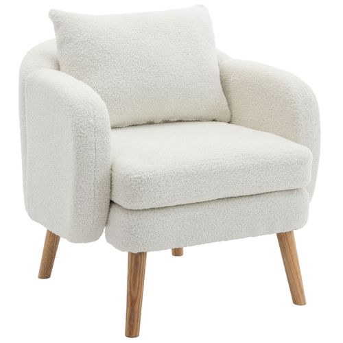 Fauteuil En Velours Teddy Blanc, Coussin Lombaire, Assise Épaisse 14 Cm, 1 Place