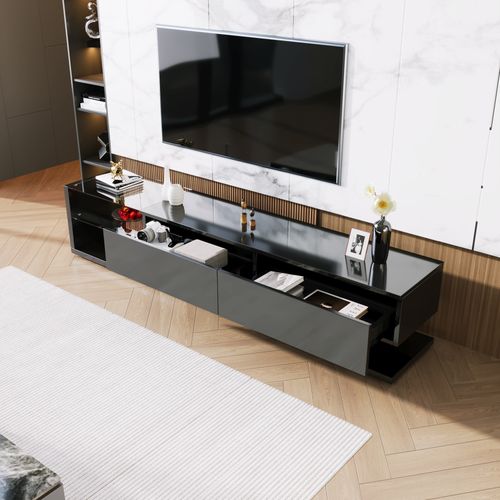 Meuble TV Noir Laqué 170 X 36 X 38 Cm Avec 2 Tiroirs, 2 Étagères En Verre Et LED Réglable