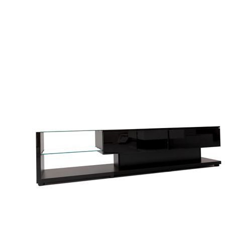 Meuble TV Noir Laqué 170 X 36 X 38 Cm Avec 2 Tiroirs, 2 Étagères En Verre Et LED Réglable