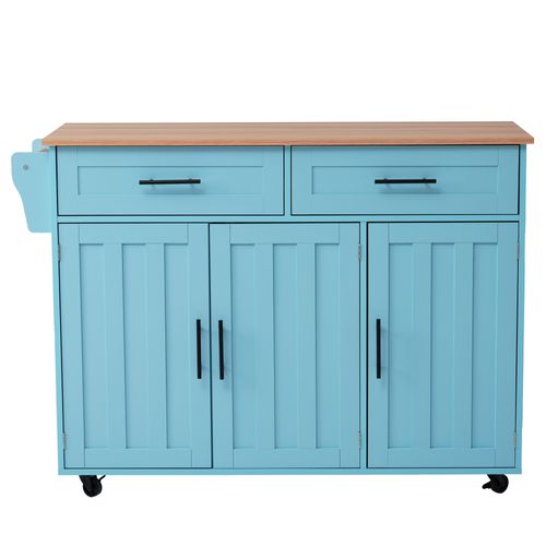 Desserte De Cuisine 129x46x91,5 Cm Bleu Avec 2 Tiroirs Et 3 Étagères, Tablette Rabattable, Roulettes