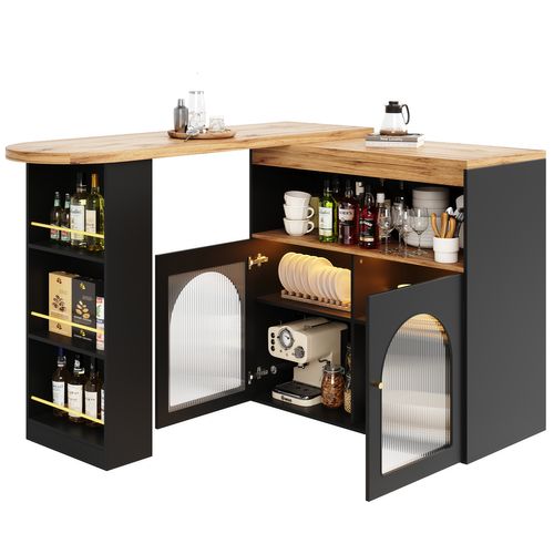 Table De Bar Noire Extensible 138-193x39x105 Cm, Pivotante 360°, Avec 3 Étagères Et LED