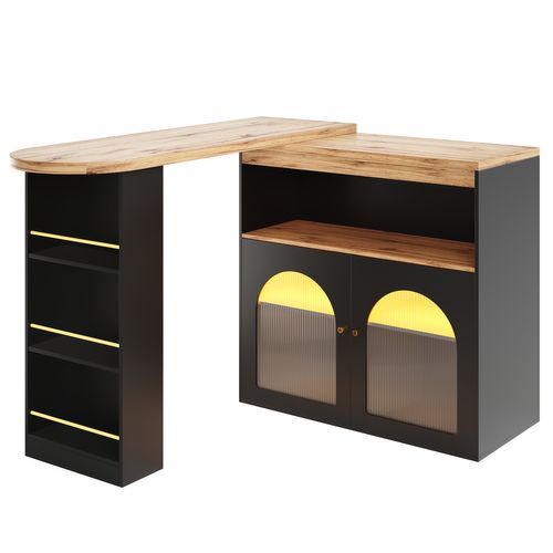 Table De Bar Noire Extensible 138-193x39x105 Cm, Pivotante 360°, Avec 3 Étagères Et LED