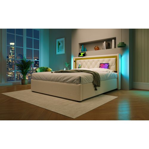 Lit Adulte 160x200 Avec Coffre, LED Et Ports USB/type-c, Tête En Coton Beige