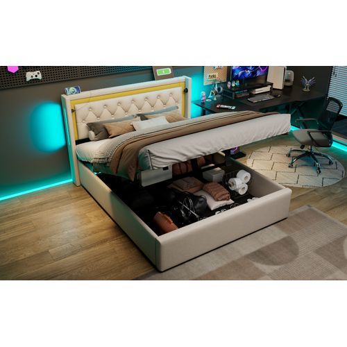 Lit Coffre 140x200 2 Places Coton Et Lin Beige Avec Rangements, LED Et Ports USB/type-c