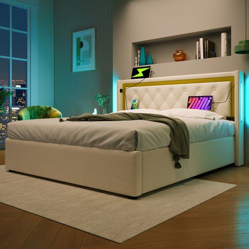 Lit Coffre 140x200 2 Places Coton Et Lin Beige Avec Rangements, LED Et Ports USB/type-c