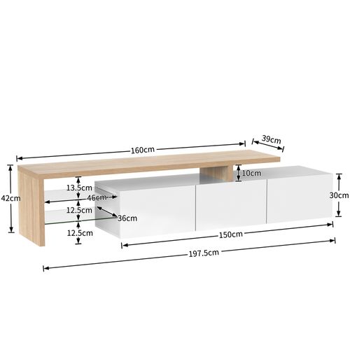 Meuble TV 197,5x39x42 Cm Avec 3 Portes, Étagères En Verre Et Éclairage LED, Blanc Naturel