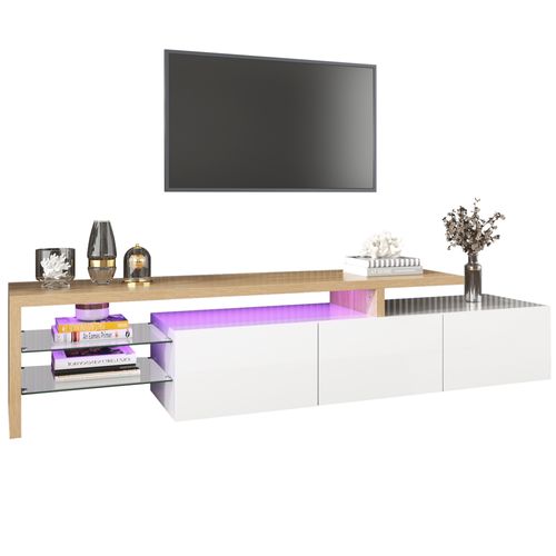 Meuble TV 197,5x39x42 Cm Avec 3 Portes, Étagères En Verre Et Éclairage LED, Blanc Naturel