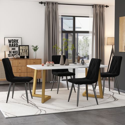 Ensemble Table à Manger 117x68 Cm Avec 4 Chaises Velours Noir, Pieds Métal Doré