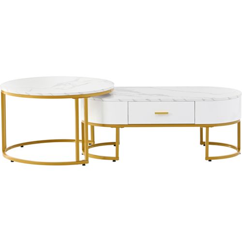 Tables Basses Gigognes 2 Pièces 100 et 70 Cm Métal Doré Plateau Blanc Laqué