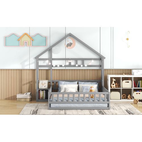 Lit Cabane Enfant 140x200 Cm En Pin Gris Avec Table De Chevet Et Garde-corps, Design Sécurité
