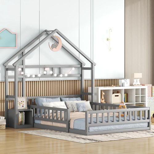 Lit Cabane Enfant 140x200 Cm En Pin Gris Avec Table De Chevet Et Garde-corps, Design Sécurité