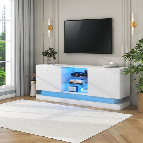 Meuble TV 1,6 M Blanc Mat LED Pour TV 70 Pouces, Étagère En Verre Réglable Et 2 Portes