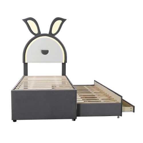 Lit Enfant LED 90x200 Cm Avec Lit Gigogne 90x190 Cm Et 3 Tiroirs, Velours Gris