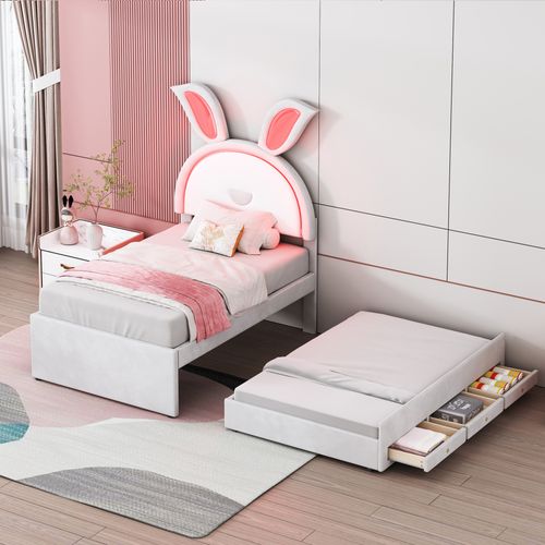 Lit Enfant LED 90x200 Cm Avec Lit Gigogne 90x190 Cm Et 3 Tiroirs, Velours Beige