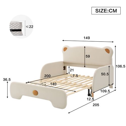 Lit Enfant 140x105/200 Cm Extensible En Velours Beige En Forme D'ours, Sommier à Lattes