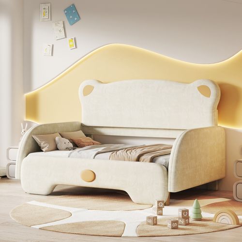 Lit Enfant 140x105/200 Cm Extensible En Velours Beige En Forme D'ours, Sommier à Lattes