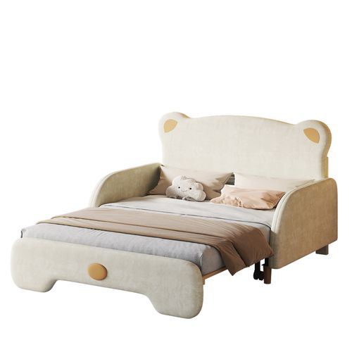 Lit Enfant 140x105/200 Cm Extensible En Velours Beige En Forme D'ours, Sommier à Lattes