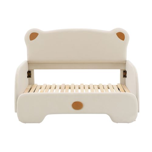 Lit Enfant 140x105/200 Cm Extensible En Velours Beige En Forme D'ours, Sommier à Lattes