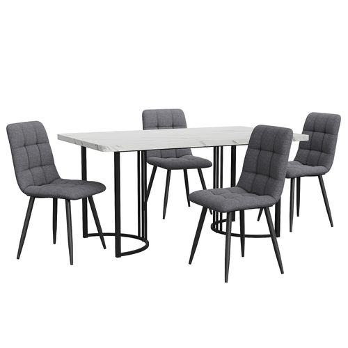 Ensemble Table à Manger + 4 Chaises En Lin, 5 Pièces, Plateau Effet Marbre Blanc, Pieds Métal Noirs