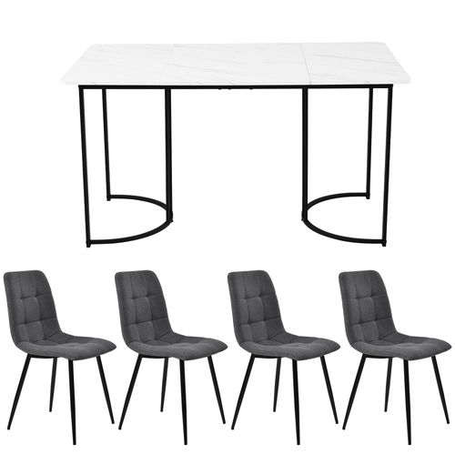 Ensemble Table à Manger + 4 Chaises En Lin, 5 Pièces, Plateau Effet Marbre Blanc, Pieds Métal Noirs