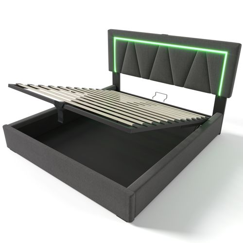 Lit Coffre Adulte 160x200 cm, Port USB Et LED, Tête Réglable Et Rangement, Lin Gris
