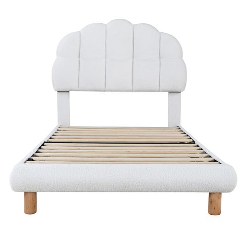 Lit Enfant 90x200 Cm Tissu Bouclé Blanc Avec Sommier à Lattes