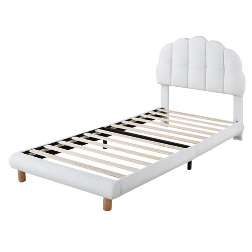 Lit Enfant 90x200 Cm Tissu Bouclé Blanc Avec Sommier à Lattes