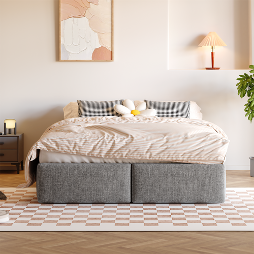 Lit Coffre 140x200 Cm 2 Places Avec Rangement à Vérin Hydraulique Et 2 Tiroirs, Lin Gris