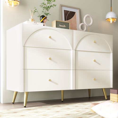 Commode 6 Tiroirs 120x40x85 Cm, Buffet Bois Crème-blanc, Pieds Métal Doré