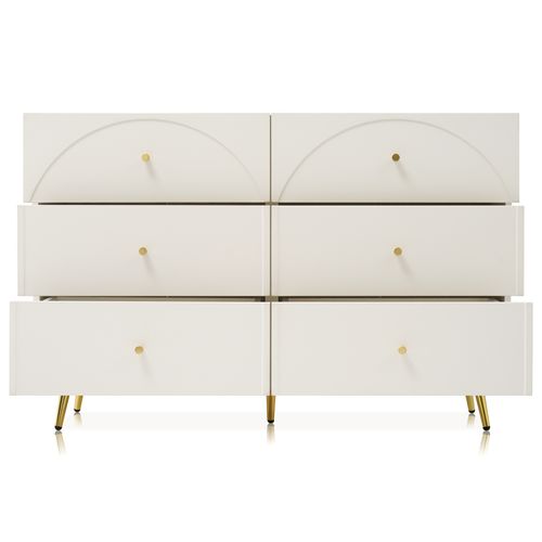 Commode 6 Tiroirs 120x40x85 Cm, Buffet Bois Crème-blanc, Pieds Métal Doré