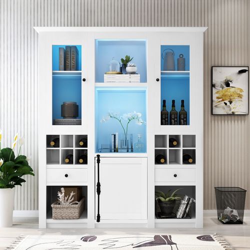 Vitrine 143x45,5x170 Cm Blanche LED 16 Couleurs Avec 2 Tiroirs, 3 Portes Et Casier à Vins