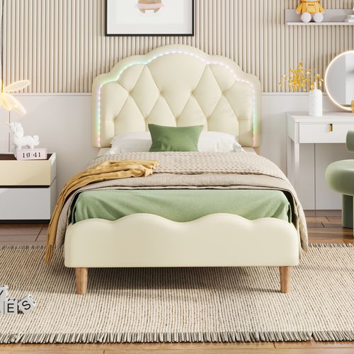 Lit Enfant 90x200 Cm En Pu Beige Avec LED Et Sommier à Lattes