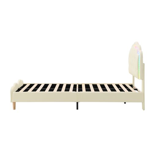 Lit Enfant 90x200 Cm En Pu Beige Avec LED Et Sommier à Lattes