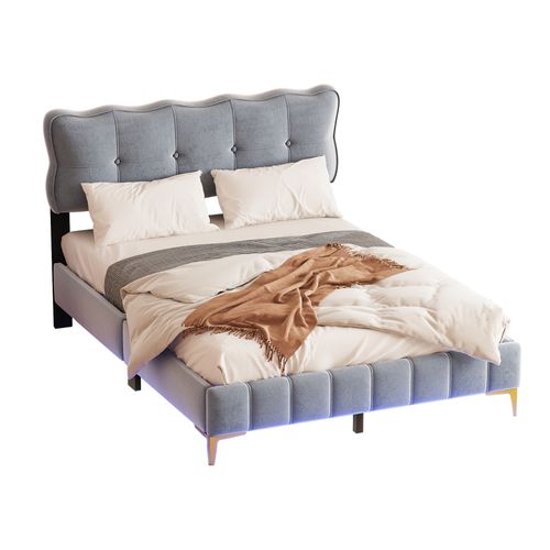 Lit Adulte 140x200 Cm Velours Gris Avec Éclairage LED, Sommier à Lattes Et Pieds En Métal