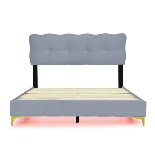 Lit Adulte 140x200 Cm Velours Gris Avec Éclairage LED, Sommier à Lattes Et Pieds En Métal