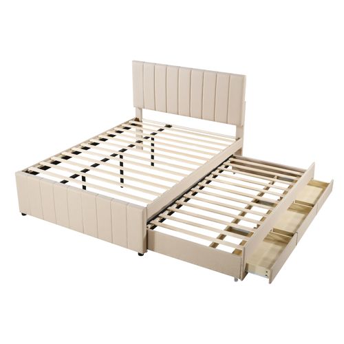 Lit Adulte 140x200 Cm Lit Gigogne 90x190 Cm Avec 3 Tiroirs, Lin Et Coton Beige, Sommier à Lattes