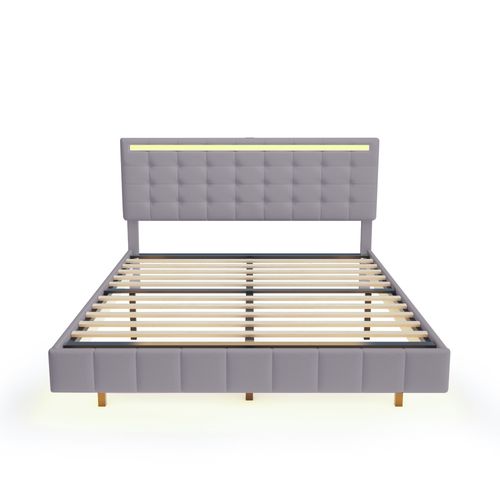 Lit Adulte 160x200 Cm 2 places En Lin Avec LED, Tête De Lit et Sommier à Lattes, Gris