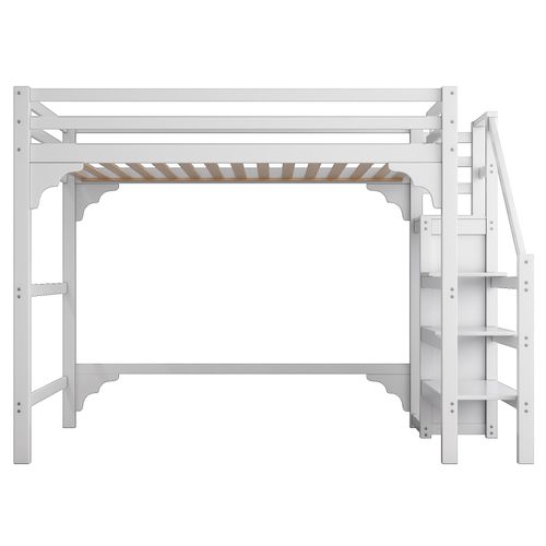 Lit Mezzanine Adulte 140x200 Cm Avec Armoire Et Escalier De Rangement, Pin Blanc