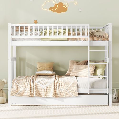 Lit Superposé Enfant 90x200 Cm Séparable Avec Lit Gigogne 90x190 Cm, Bois De Pin Blanc Et Escalier