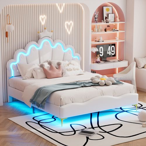 Lit Enfant LED 140x200 Cm Tête De Lit Couronne Princesse, Pu Blanc