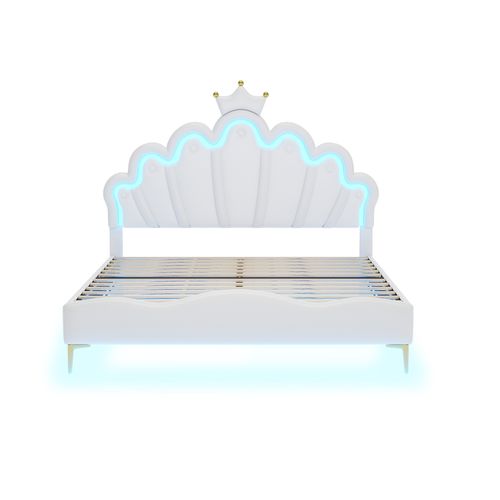 Lit Enfant LED 140x200 Cm Tête De Lit Couronne Princesse, Pu Blanc