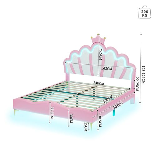 Lit Enfant LED 140x200 Cm Tête De Lit Couronne Princesse, Pu Rose