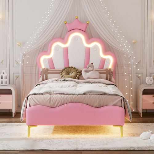 Lit Enfant LED 90x200 Cm Tête De Lit Couronne Princesse, Pu Rose