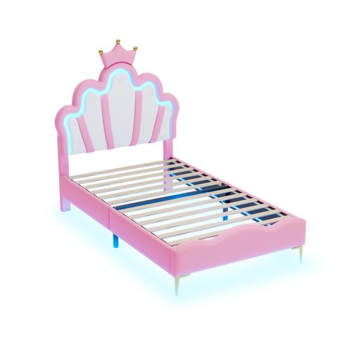 Lit Enfant LED 90x200 Cm Tête De Lit Couronne Princesse, Pu Rose