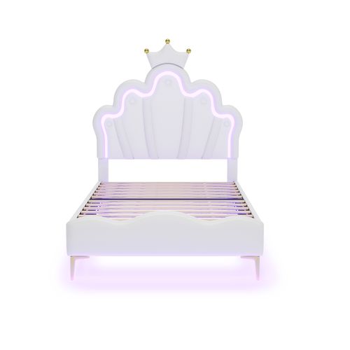 Lit Enfant LED 90x200 Cm Tête De Lit Couronne Princesse, Pu Blanc