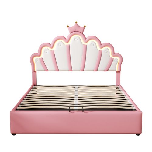 Lit Enfant Coffre 140x200 Cm Princesse Avec LED Et Rangement Hydraulique, Pu Rose