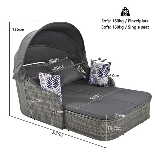 Bain De Soleil, Canapé-lit De Jardin 2 Places 120x203 Cm En Rotin Gris Avec Toit Réglable