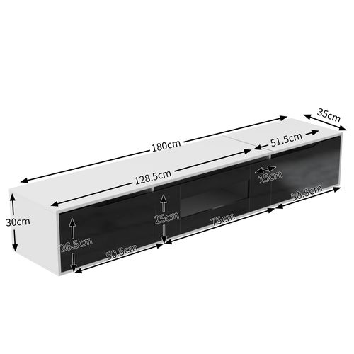 Meuble TV 180x35x30 Cm Blanc Et Noir Laqué Haute Brillance Avec LED 16 Couleurs