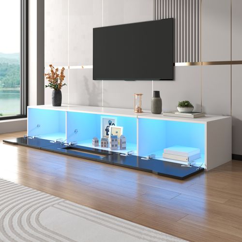 Meuble TV 180x35x30 Cm Blanc Et Noir Laqué Haute Brillance Avec LED 16 Couleurs